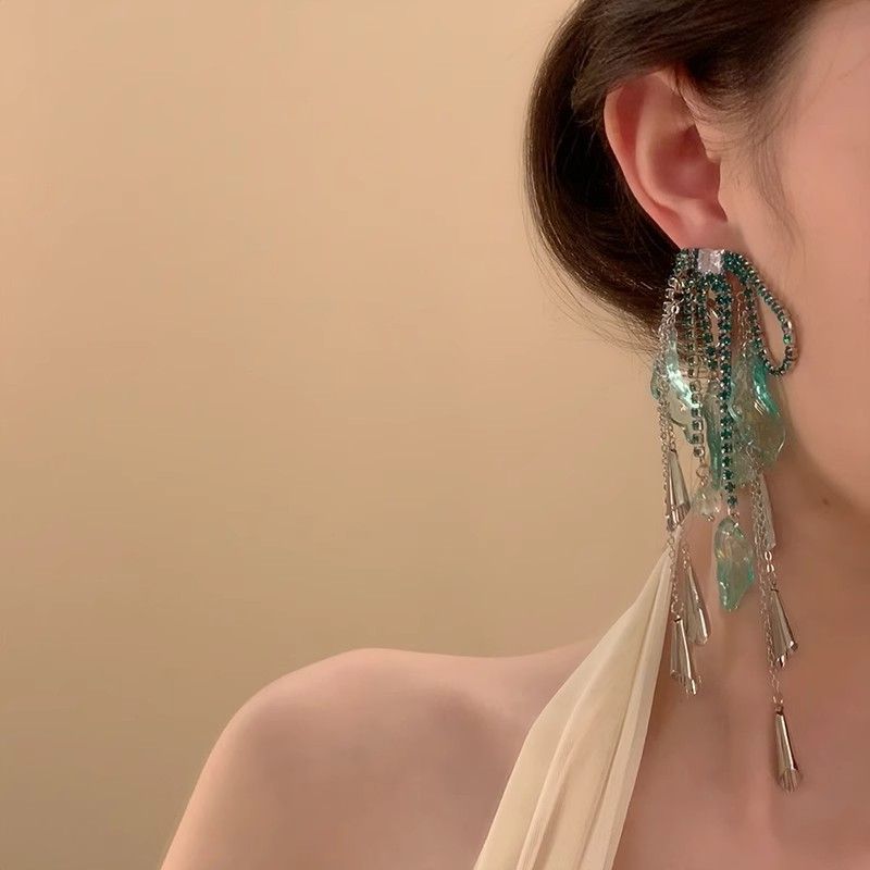 Women's Fashion Rhinestone Chain Tassel Exaggerated Design Earrings