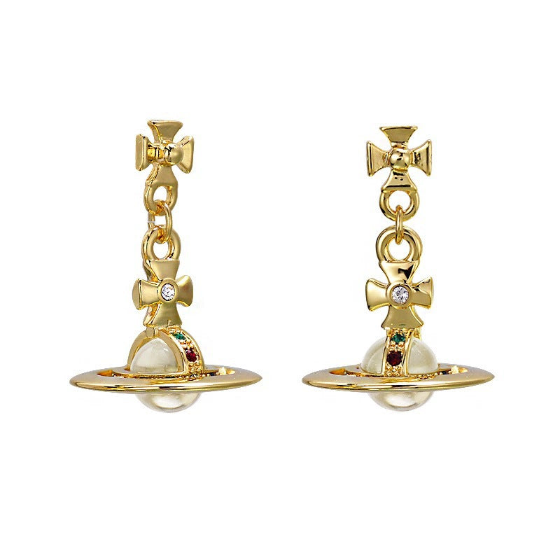 Women's Flying Saucer Engraved Saturn Gold Sier Earrings