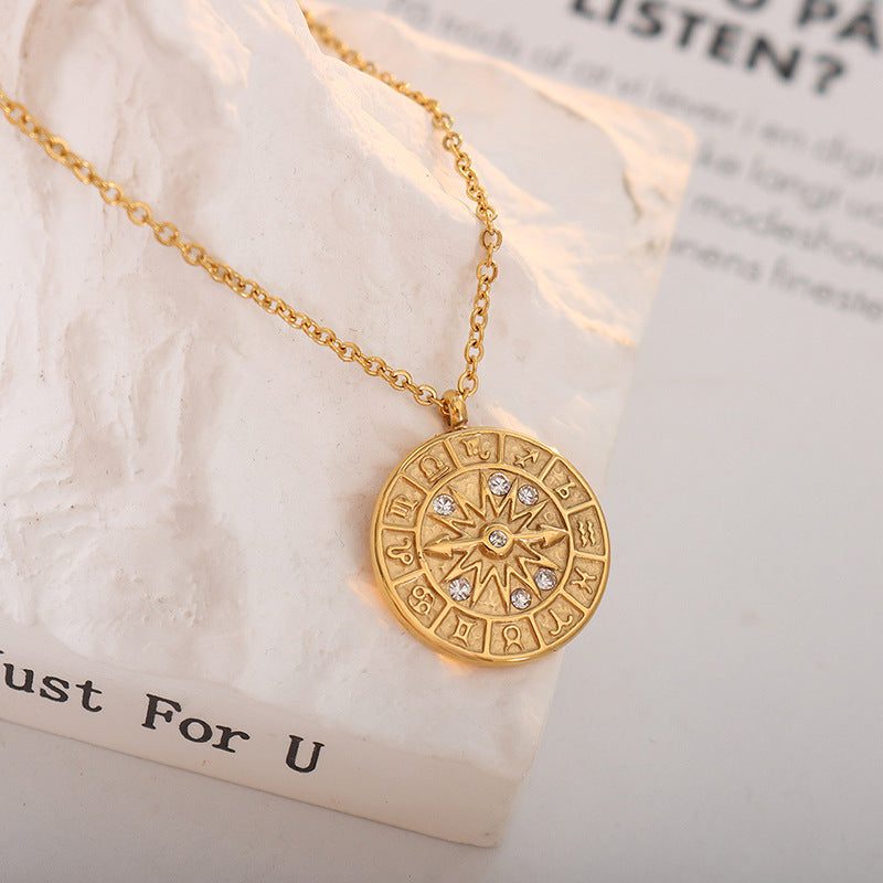 Style Round Inlaid Zircon Embossed Constellation Dial Hour Necklaces