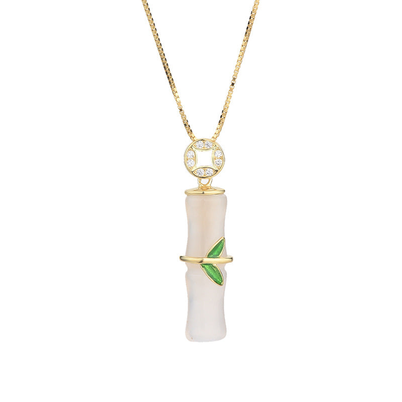 Women's Sier Bamboo Chalcedony Chinese Style Lucky Necklaces