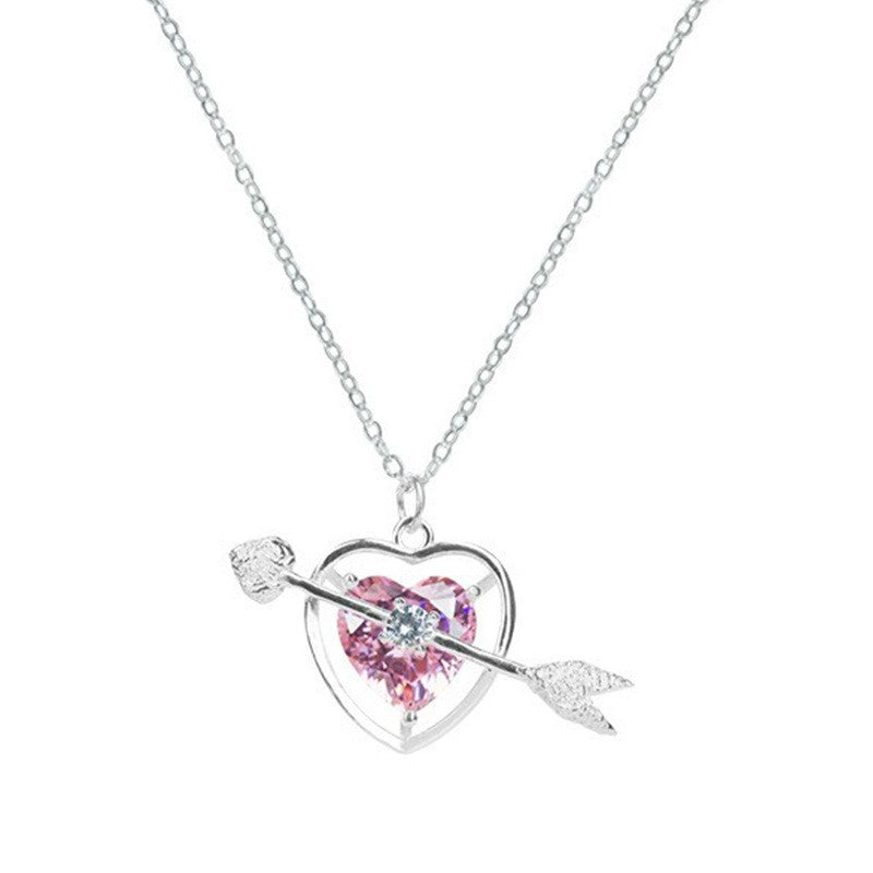 Through Heart Pink Diamond Female Fashion Clavicle Chain Necklaces
