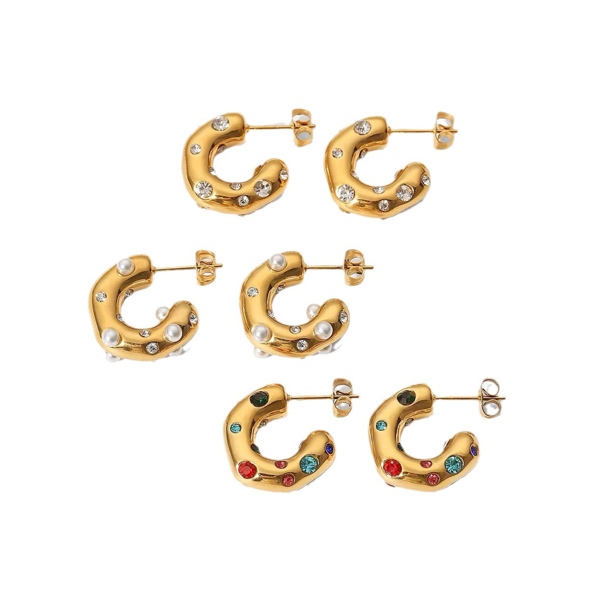 Wind Shaped Hammered Inlaid Zircon Pearl Ear Earrings