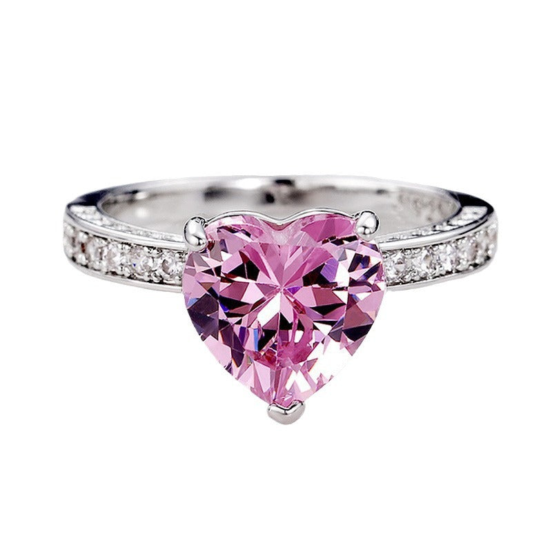 Women's Wedding Inlaid Heart-shaped Pink Diamond Zircon Rings