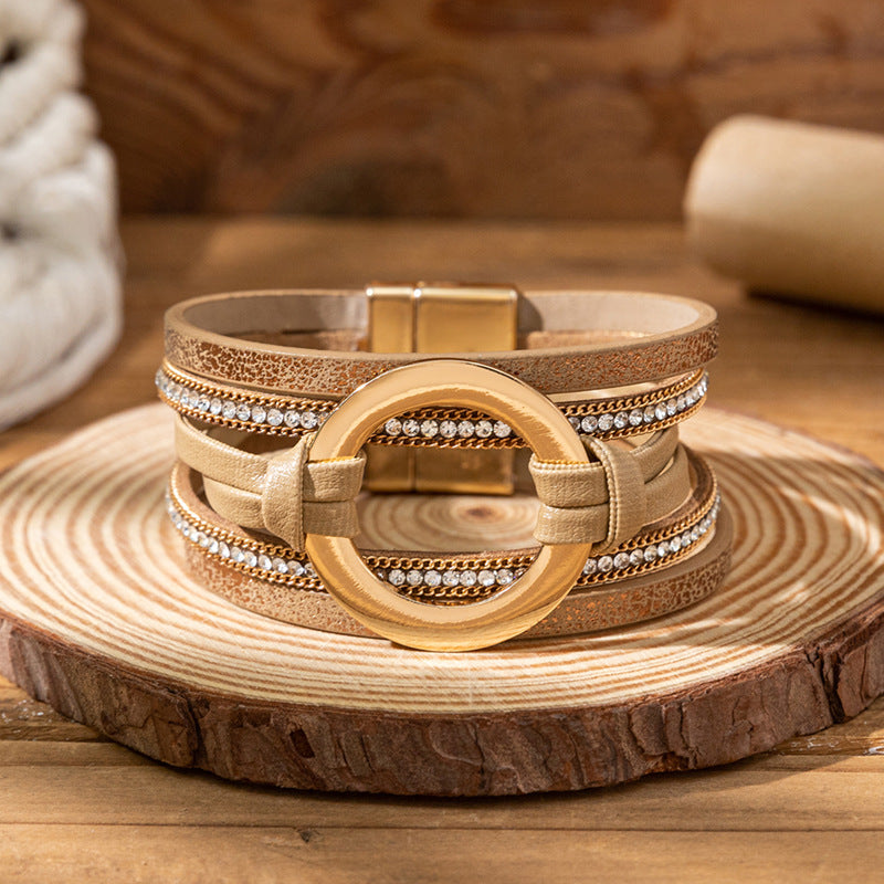 Personalized Big Circle Leather Niche Golden Rhinestone Bracelets