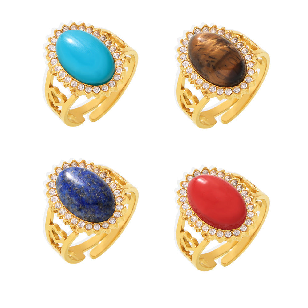Zircon Oval Natural Stone Open Stainless Rings