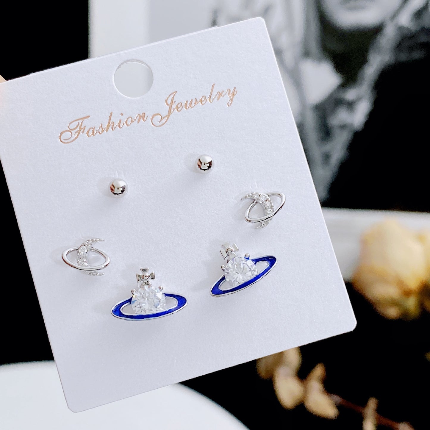 Women's Rhinestone Pearl Three Pairs Storage Ear Earrings