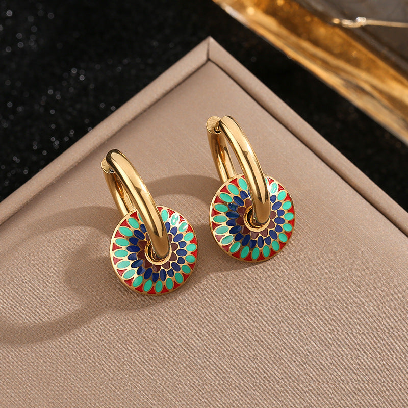 Women's Vintage Painted Daisy Pattern Titanium Steel Earrings