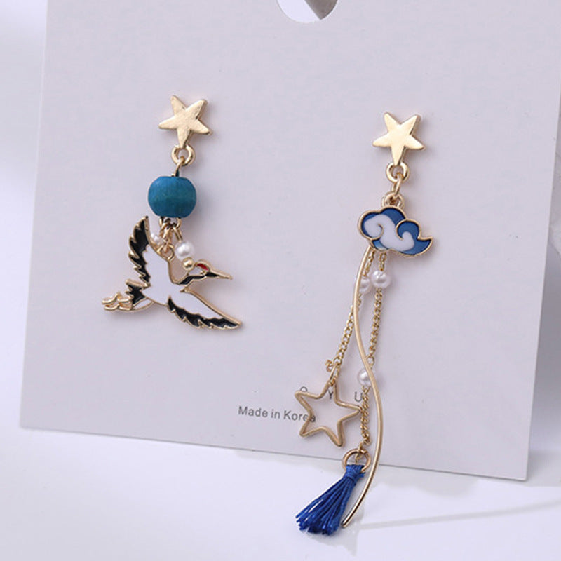 Fan Asymmetric Long Tassel Imitation Pearl Painting Earrings