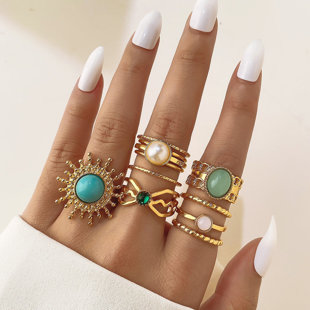 Women's Turquoise Twist Gold Wave Knuckle Rings