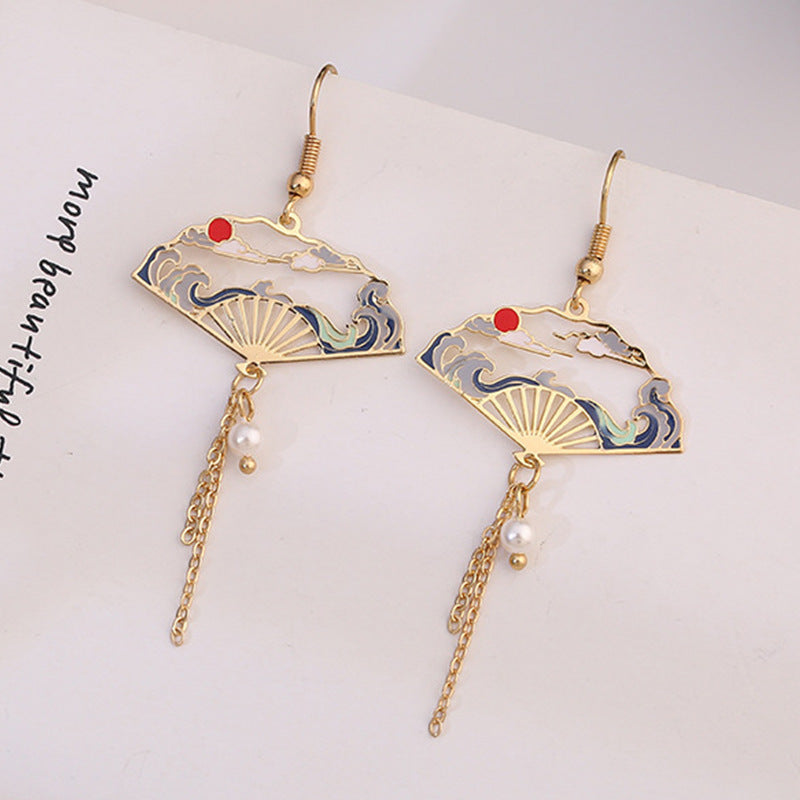 Fan Asymmetric Long Tassel Imitation Pearl Painting Earrings