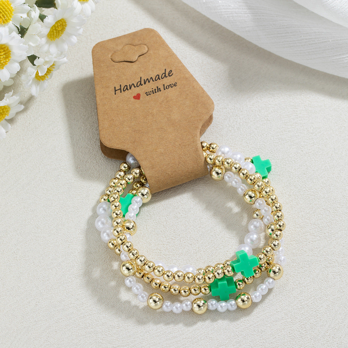 Women's Style Resin Cross Stringed Pearls Elastic Bracelets