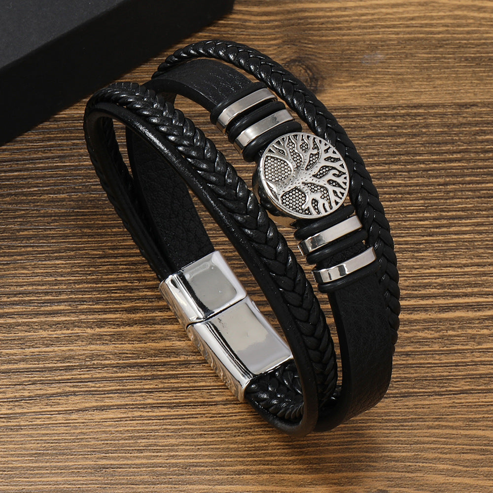 Men's Magnetic Buckle Leather Lucky Tree Alloy Bracelets