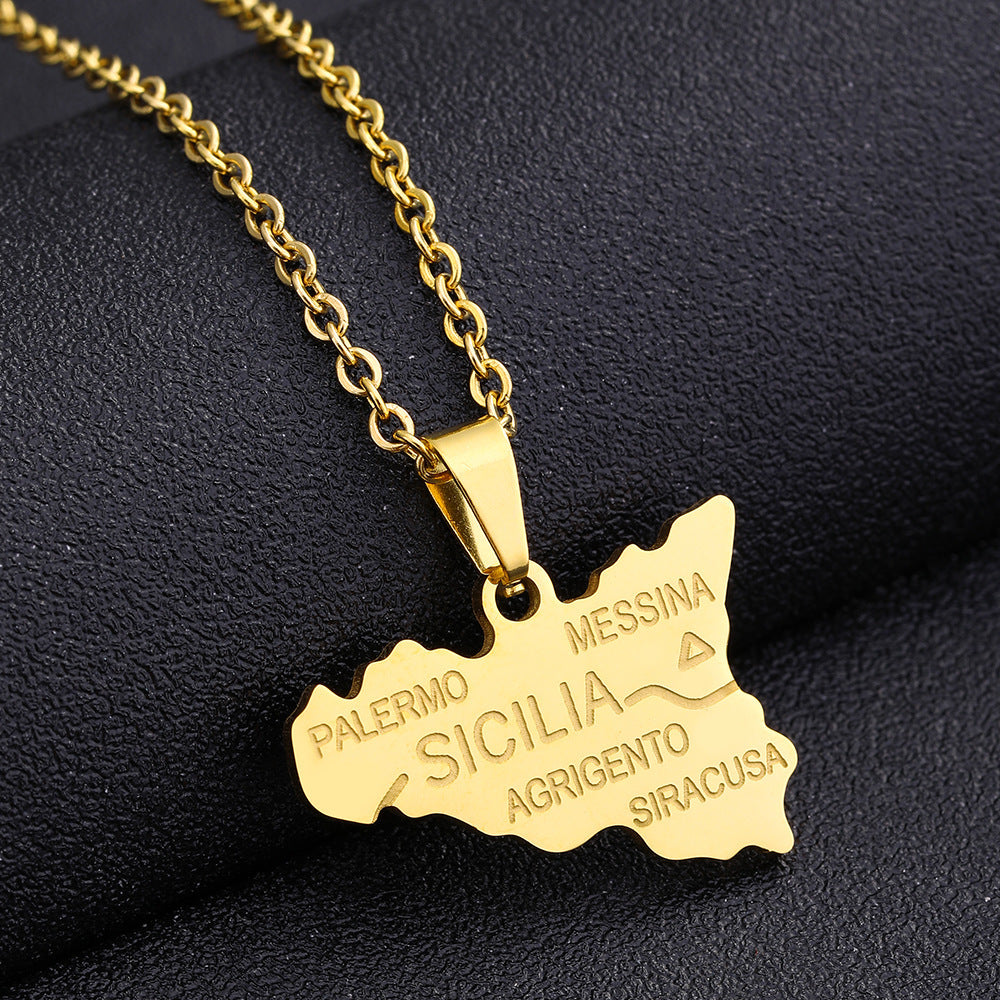 Women's Italy Sicily Map Flag Stainless Steel Necklaces