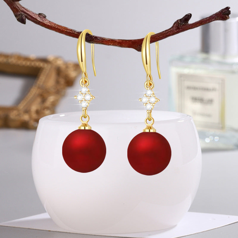 Inlaid Zircon Matte Red Round Beads Earrings