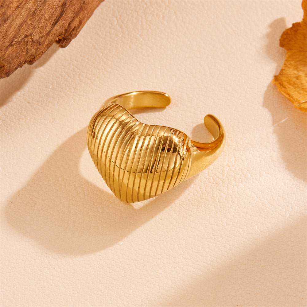 Trend Exaggerated Open Heart Striped Titanium Steel No Rings
