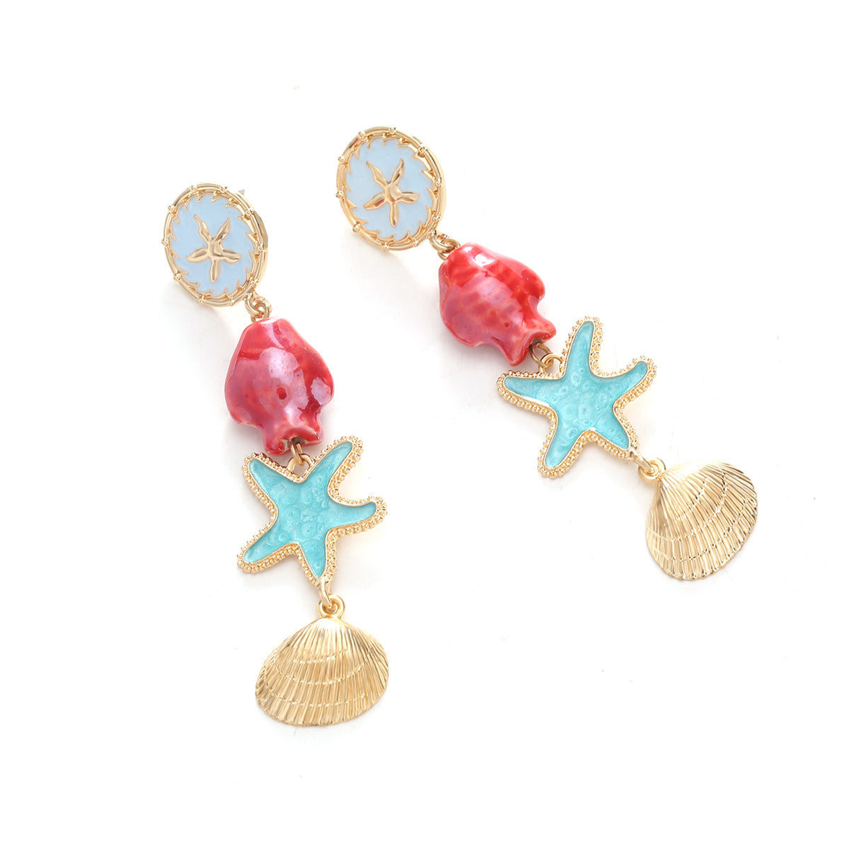 Style Macaron Starfish Fish Shell Patch Exaggerated Layered Earrings