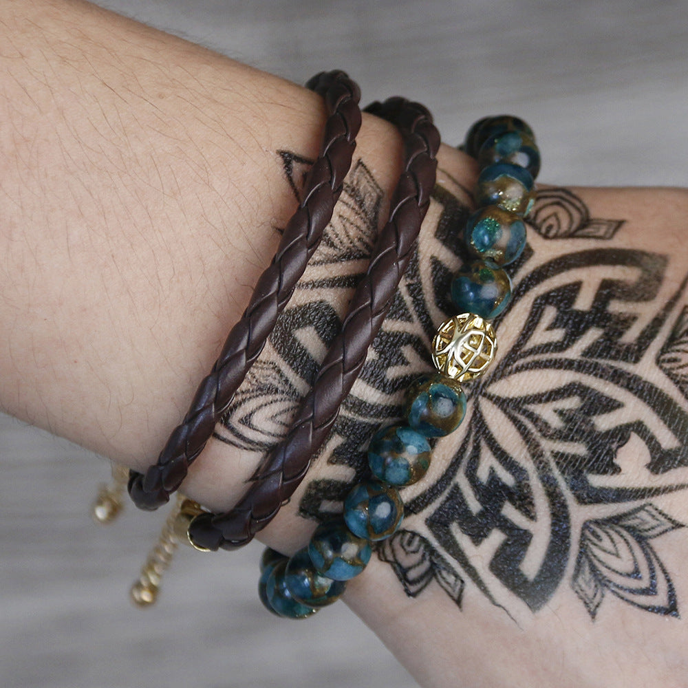 Men's Beaded Suit Map Stone Haematite Cross Bracelets