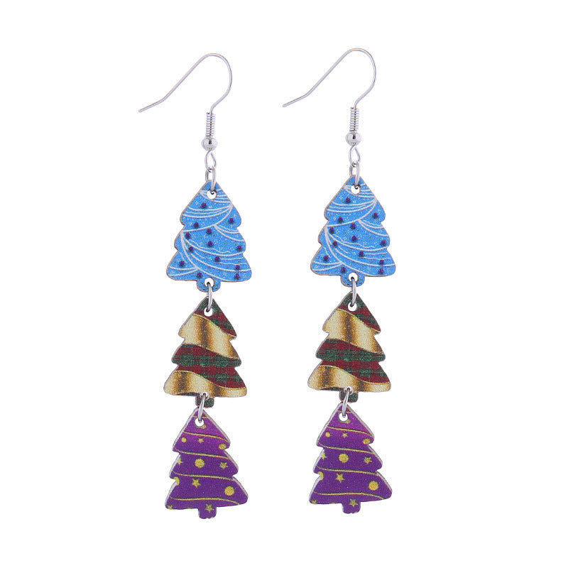 Christmas Tree Hat Bell Snowman Wooden Earrings