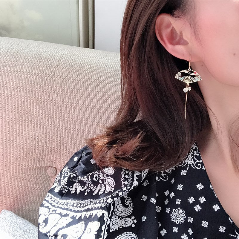 Fan Asymmetric Long Tassel Imitation Pearl Painting Earrings