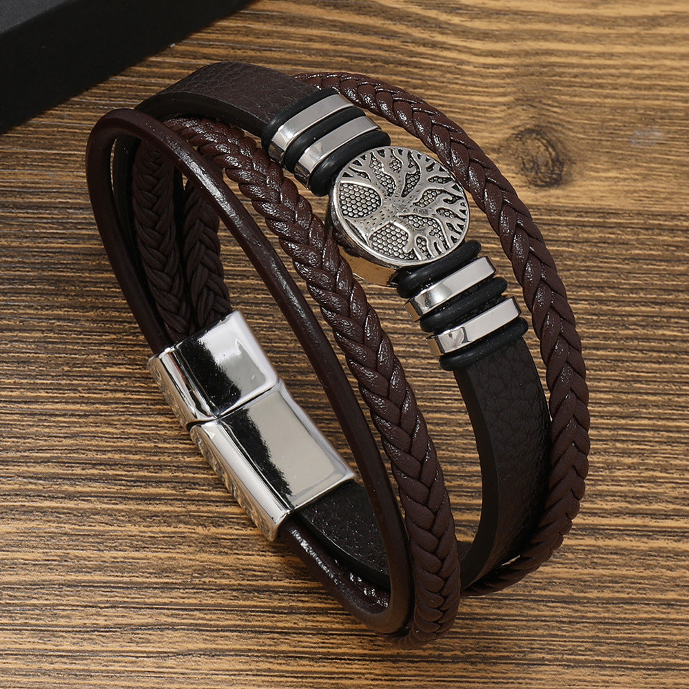 Men's Magnetic Buckle Leather Lucky Tree Alloy Bracelets