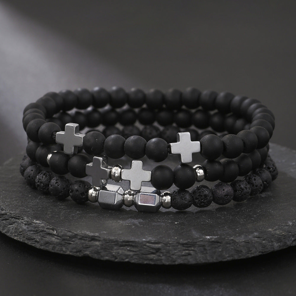 Men's Beaded Suit Map Stone Haematite Cross Bracelets