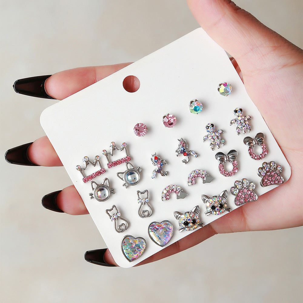 Fashion Heart-shaped Full Of Diamond Combination Pink Suit Earrings