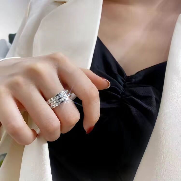 Starry Titanium Steel Female Single Double Row Diamond Full Rings