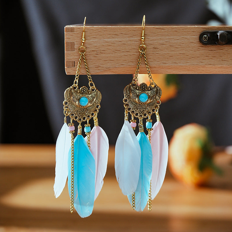 Court Style Fan-shaped Diamond Feather Long Personalized Earrings