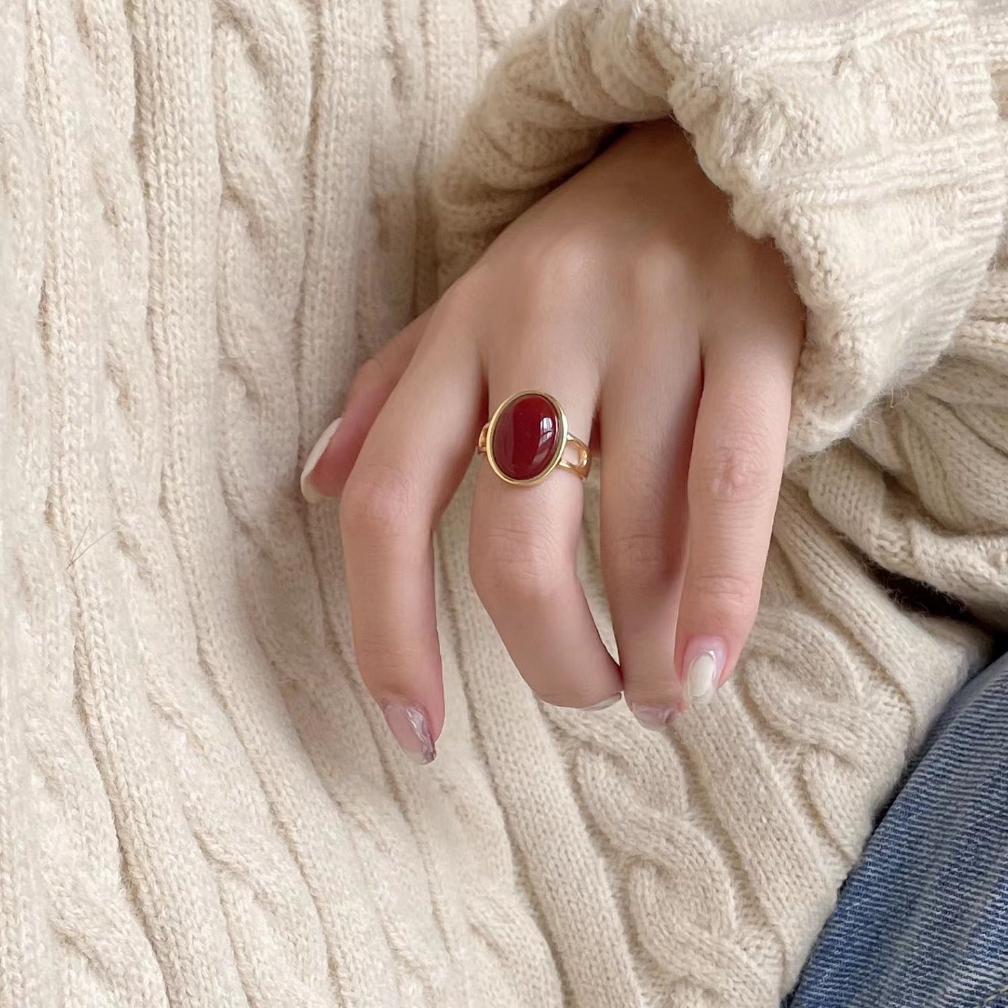 Women's French Style Sterling Sier Red Agate Rings