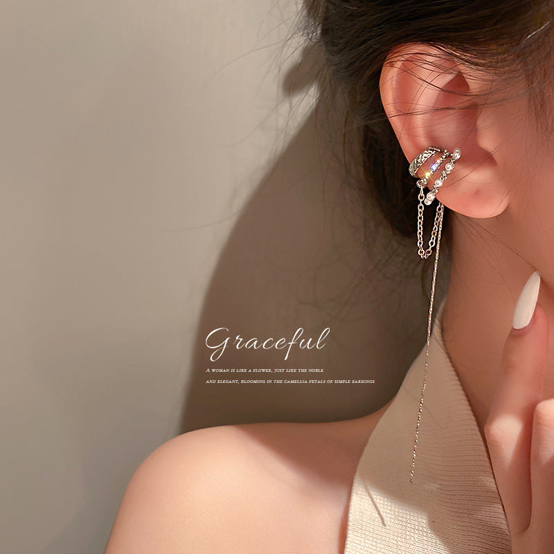 Tassel Rhinestone Pearl Ear Clip No Pierced Female Earrings