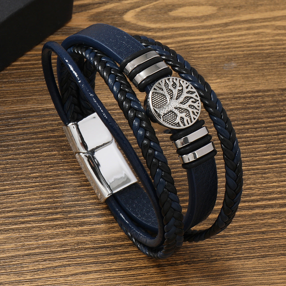 Men's Magnetic Buckle Leather Lucky Tree Alloy Bracelets