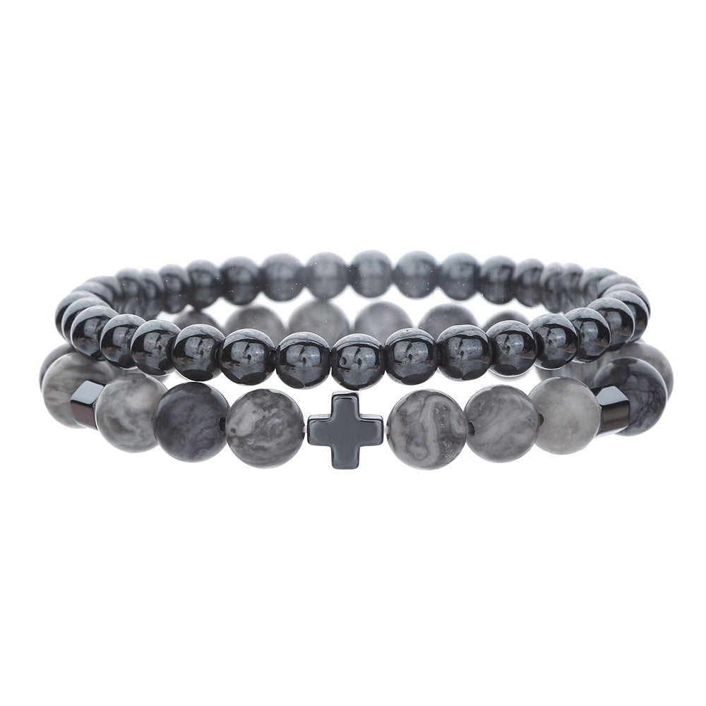 Men's Beaded Suit Map Stone Haematite Cross Bracelets