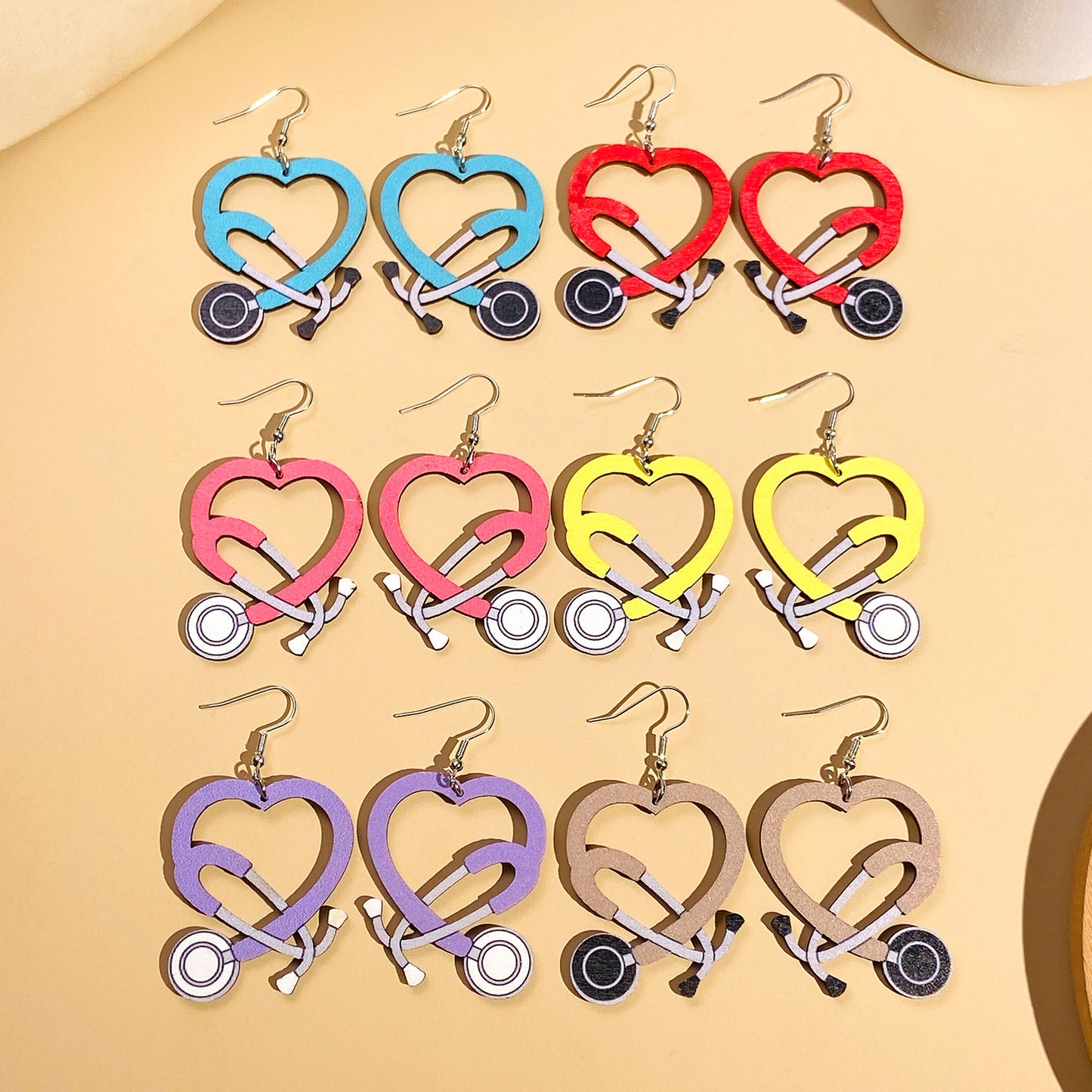 Nurse Medical Color Stethoscope Modeling Wooden Earrings