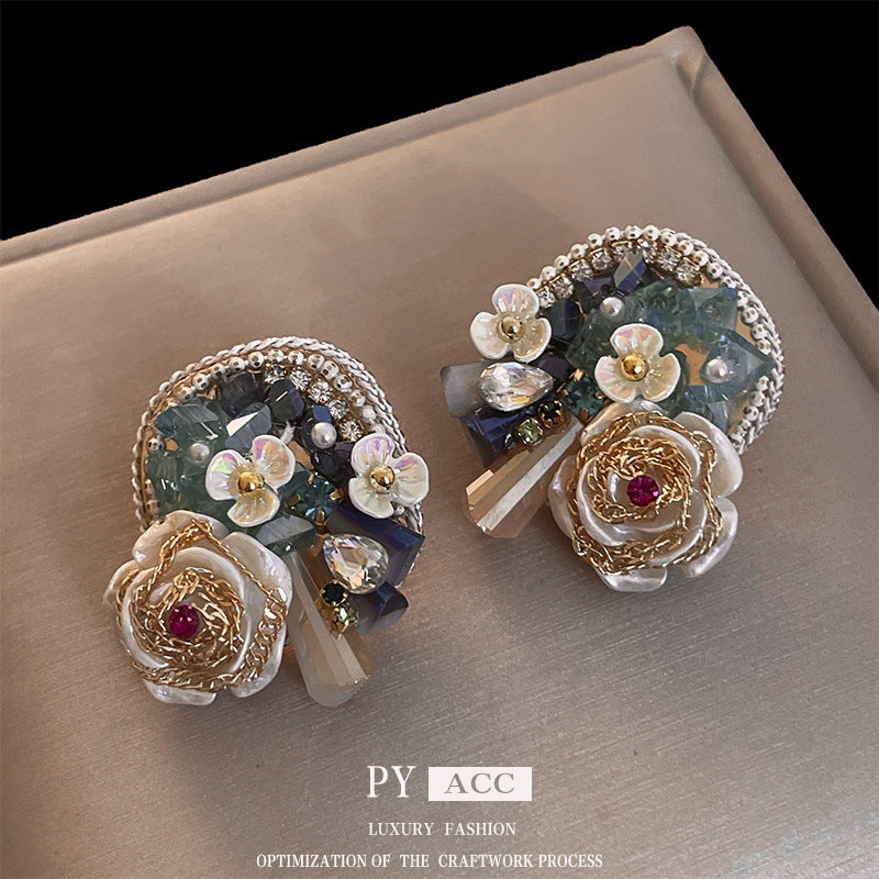 Women's Sier Needle Pearl Diamond Crystal Flower Rings