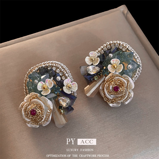 Women's Sier Needle Pearl Diamond Crystal Flower Rings