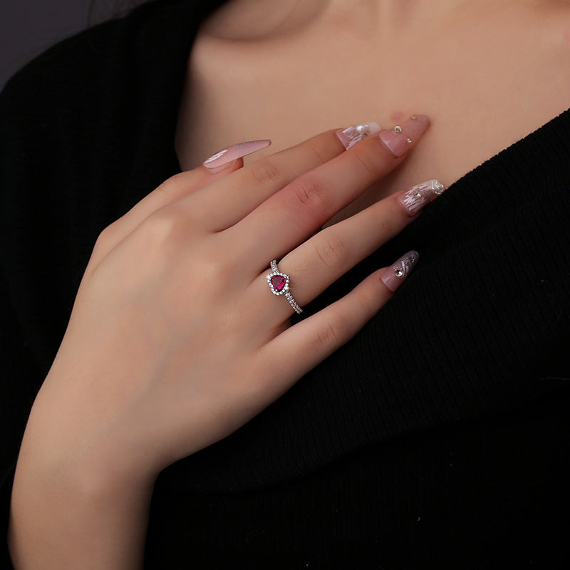Three-dimensional Heart Shape With Diamond Female Exquisite High Sense Rings