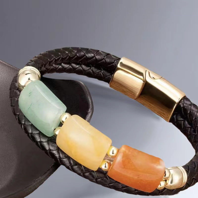 Woven Double Layer Tigereye Head Cattlehide Bracelets
