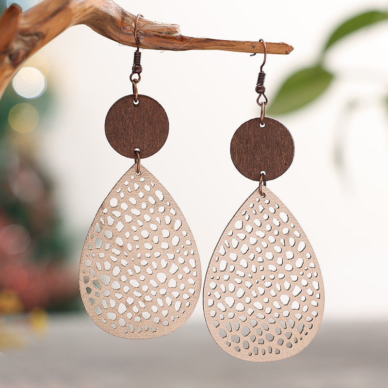 Retro Hollow Spider Web Stitching Wood Earrings