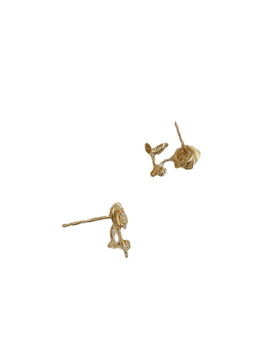 Gold-plated One Rose Small Diamond Elegant Earrings