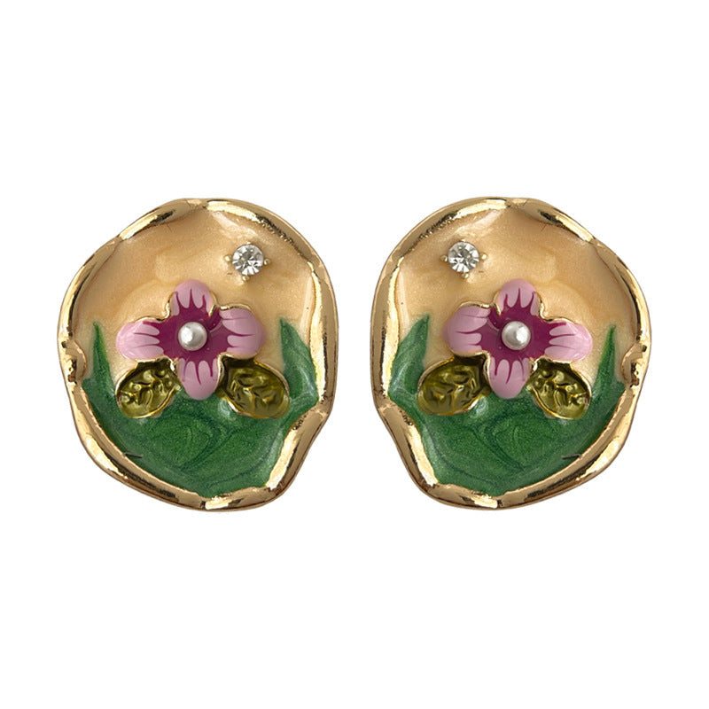 Women's Handmade Painted Glaze Flowers French Retro High-grade National Earrings