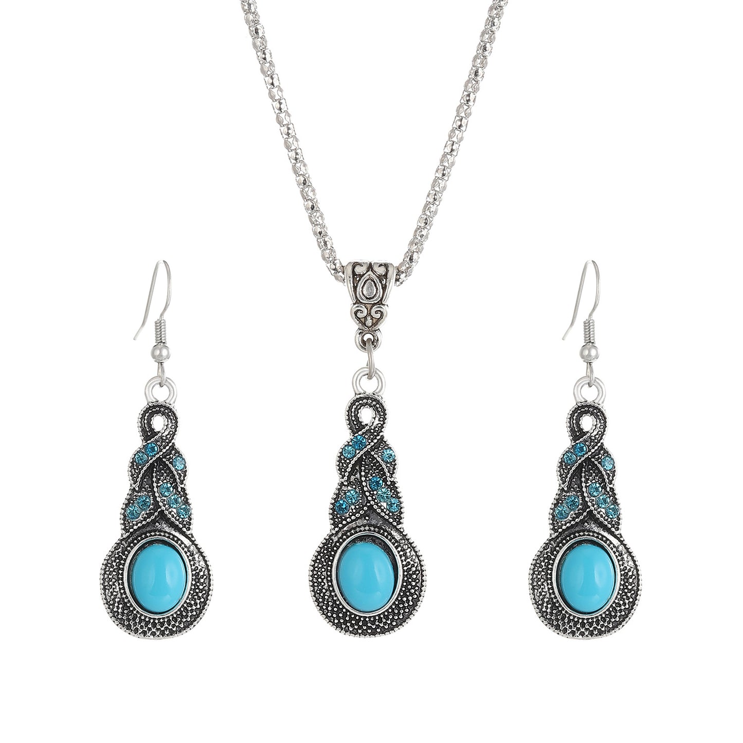 Retro Set Blue Crystal Inlaid Turquoise Earrings