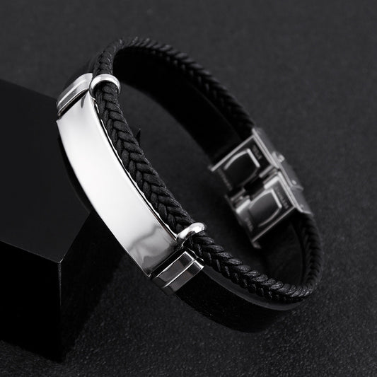 Men's Steel Leather Lettering Couple Stainless Braided Bracelets