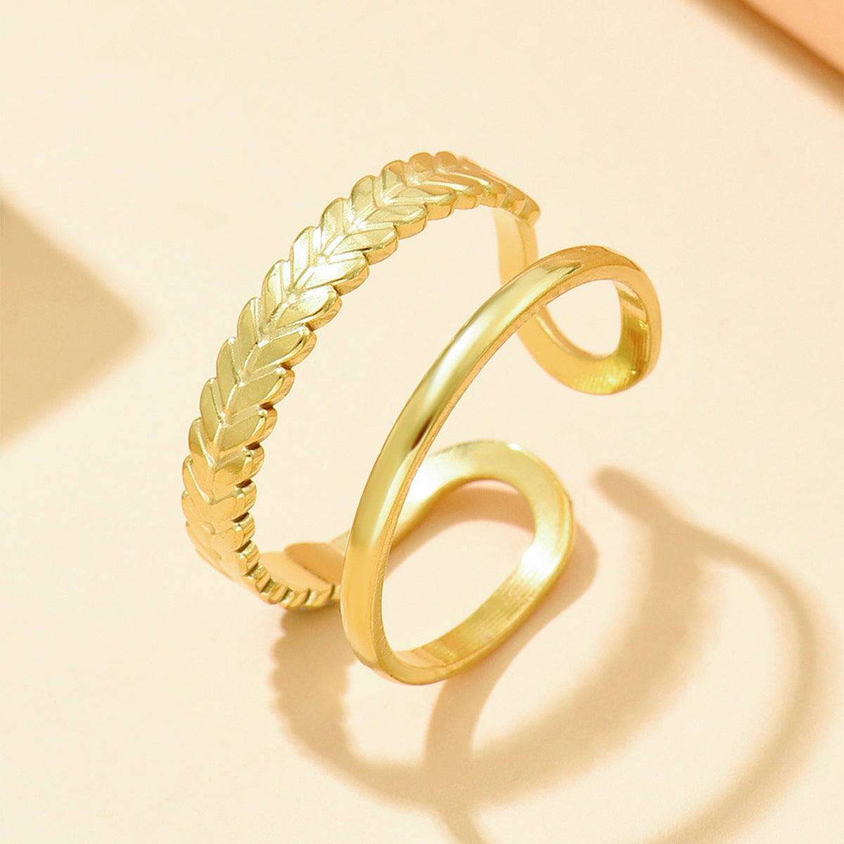Personalized Double Row Leaves Design Open Stainless Rings