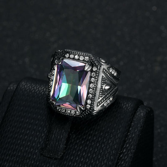 Men's Titanium Steel Polished Inlaid Colorful Synthetic Rings