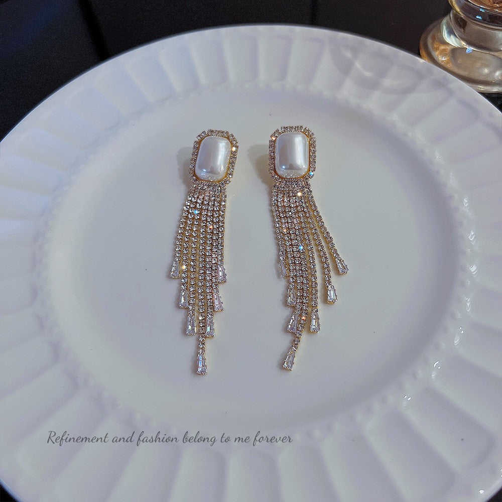 Style Long Fringed Pearl Sier Needle Earrings