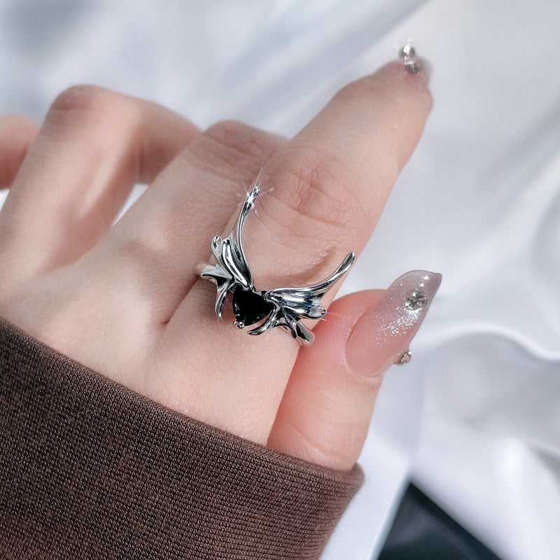 Black Zircon Texture Pleated Butterfly Opening Female Graceful Fashionable Rings