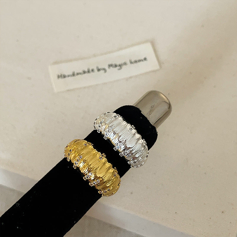 Brushed Pleated Zircon Metal Female Niche Unique Elegant Fashion Rings