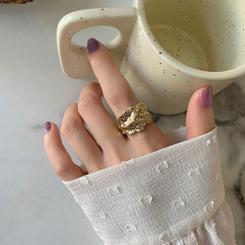 Women's Retro Open Pleated Irregular Concave Sterling Sier Rings