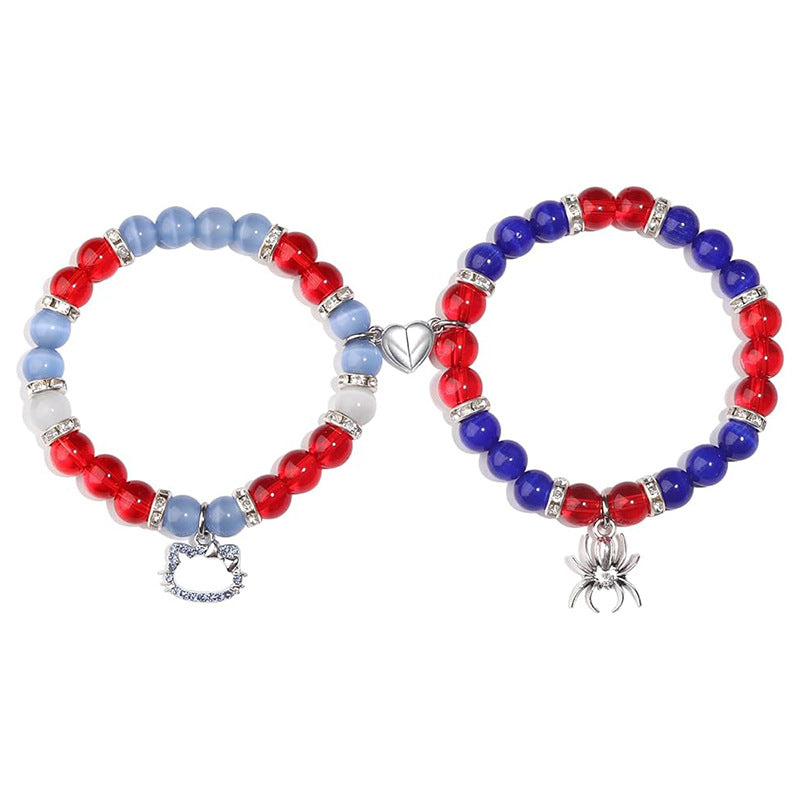 Spider Cat Couple Crystal Opal Magnet Bracelets