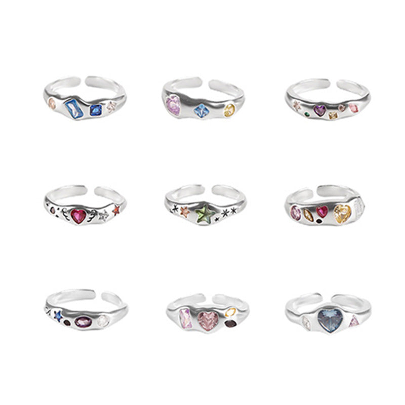 Women's Colorful Heart-shaped Zircon Style Combination Niche High Rings